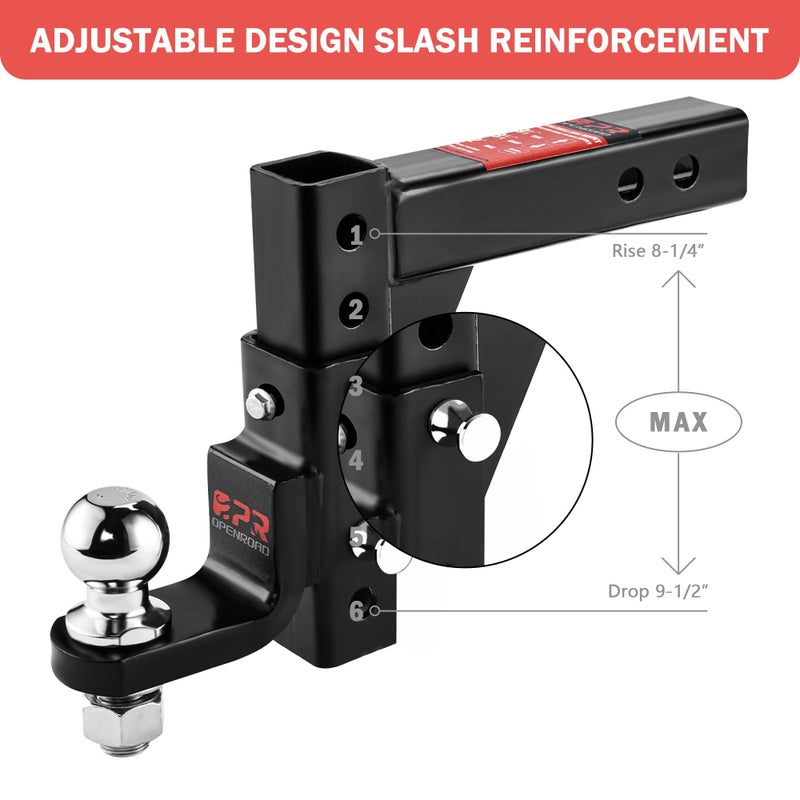 OPENROAD Adjustable Trailer Hitch Ball Mount - Fits 2-Inch Receiver, 2" Tow Balls, 7500lbs, 9-1/2" Drop/ 8-1/4" Rise, Heavy Duty Truck Hitch with Pin Lock - Image 5