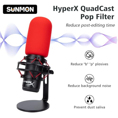 SUNMON Red Pop Filter for HyperX QuadCast - Microphone Cover Foam Noise Reduction, Hyper x Pop Filter Improved Sound Quality, Mic Windscreen Compatible With HyperX QuadCast S Microphone - Image 2