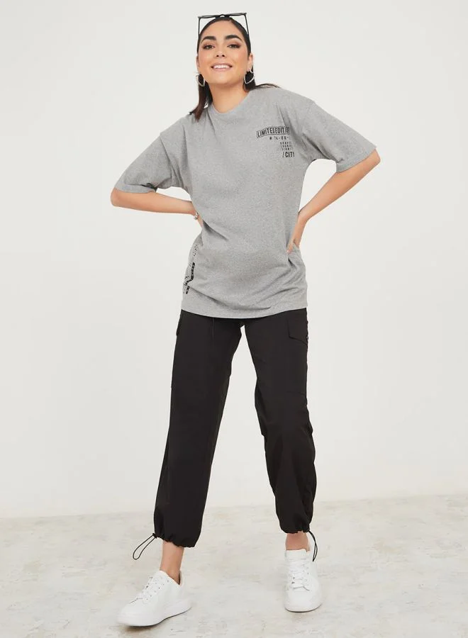 Styli Dropped Shoulder Bravery Courage Slogan Longline T-Shirt