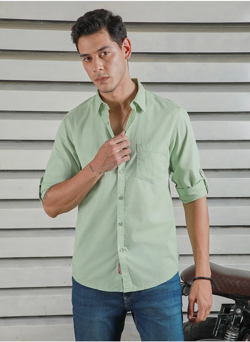 HIGH STAR Green Regular Fit Men’s Casual Shirt, Spread Collar, Roll-Up Sleeves, Cotton