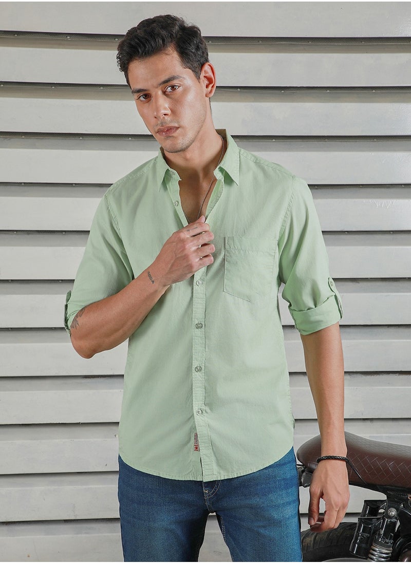 HIGH STAR Green Regular Fit Men’s Casual Shirt, Spread Collar, Roll-Up Sleeves, Cotton  - Image 1