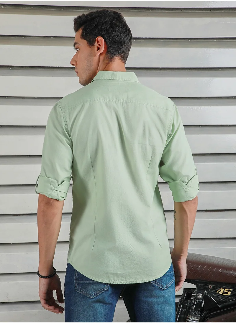 هاي ستار Green Regular Fit Men’s Casual Shirt, Spread Collar, Roll-Up Sleeves, Cotton