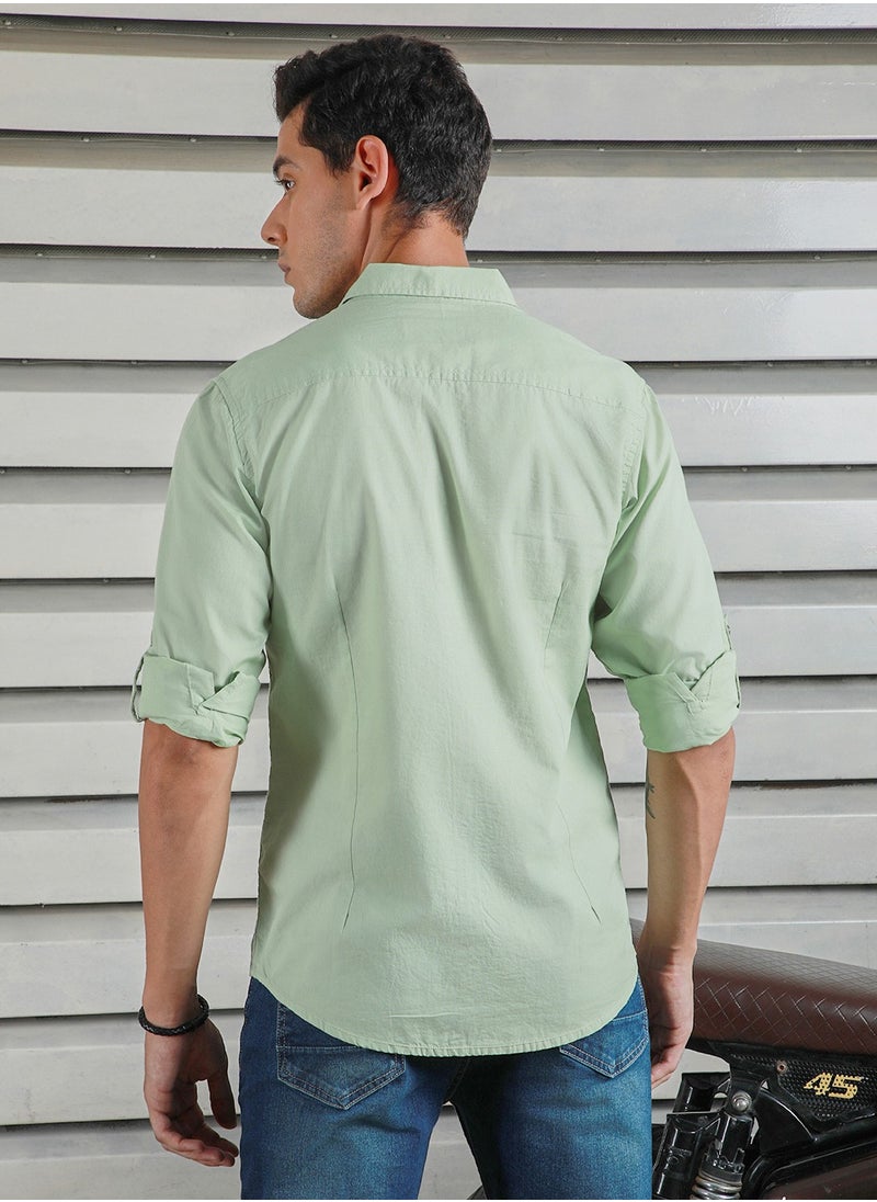 HIGH STAR Green Regular Fit Men’s Casual Shirt, Spread Collar, Roll-Up Sleeves, Cotton  - Image 2
