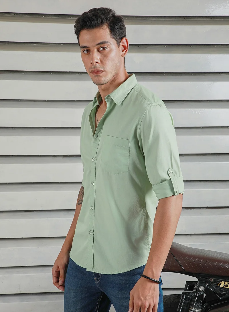 HIGH STAR Green Regular Fit Men’s Casual Shirt, Spread Collar, Roll-Up Sleeves, Cotton