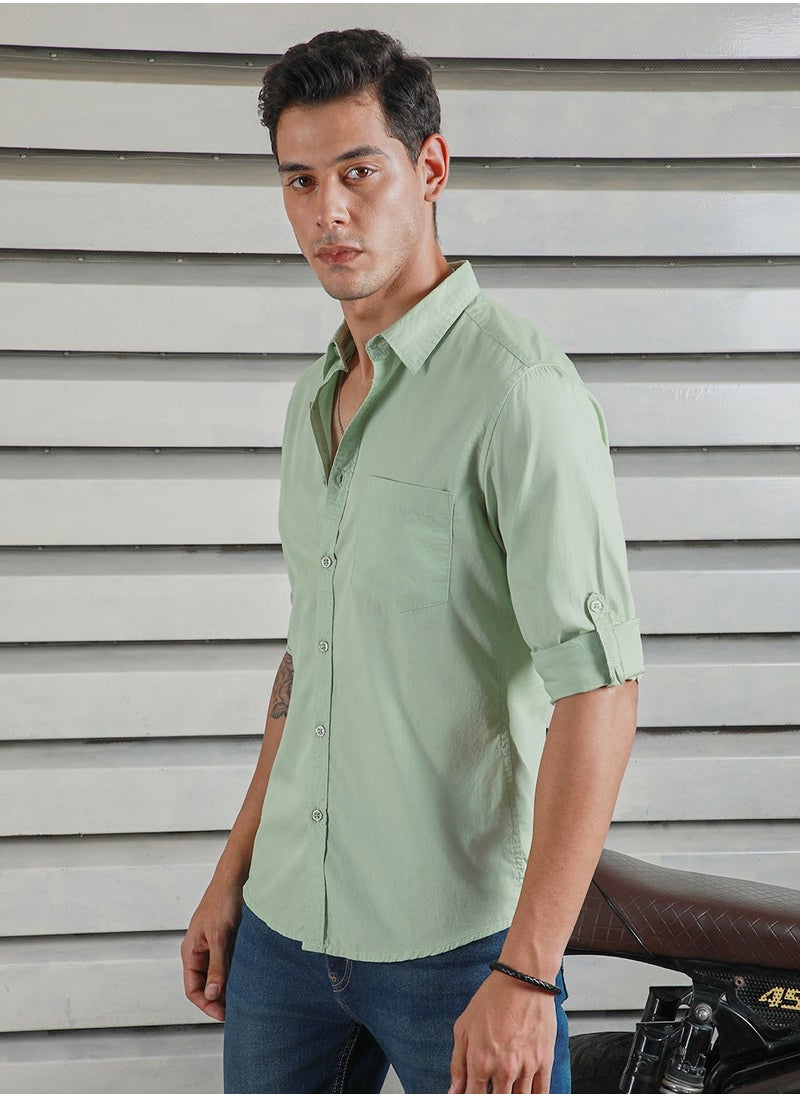 HIGH STAR Green Regular Fit Men’s Casual Shirt, Spread Collar, Roll-Up Sleeves, Cotton  - Image 3