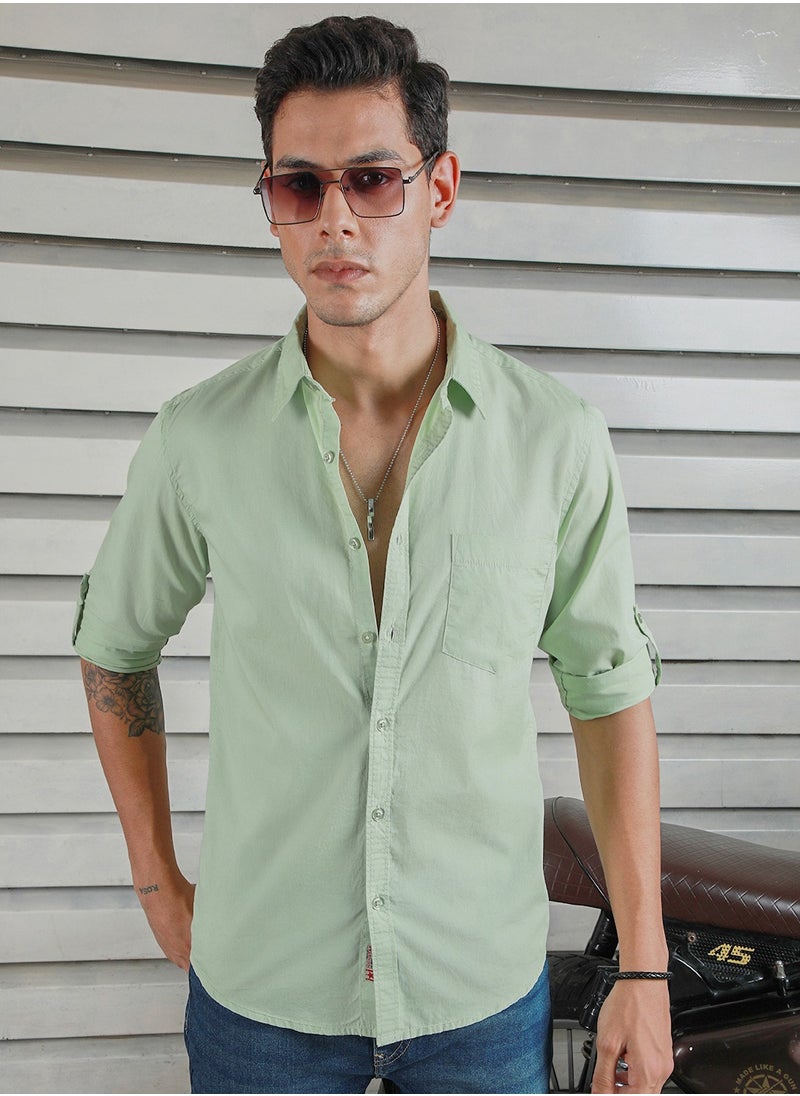 HIGH STAR Green Regular Fit Men’s Casual Shirt, Spread Collar, Roll-Up Sleeves, Cotton  - Image 5