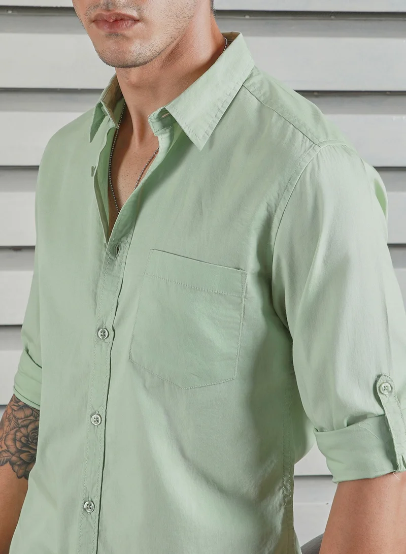 HIGH STAR Green Regular Fit Men’s Casual Shirt, Spread Collar, Roll-Up Sleeves, Cotton