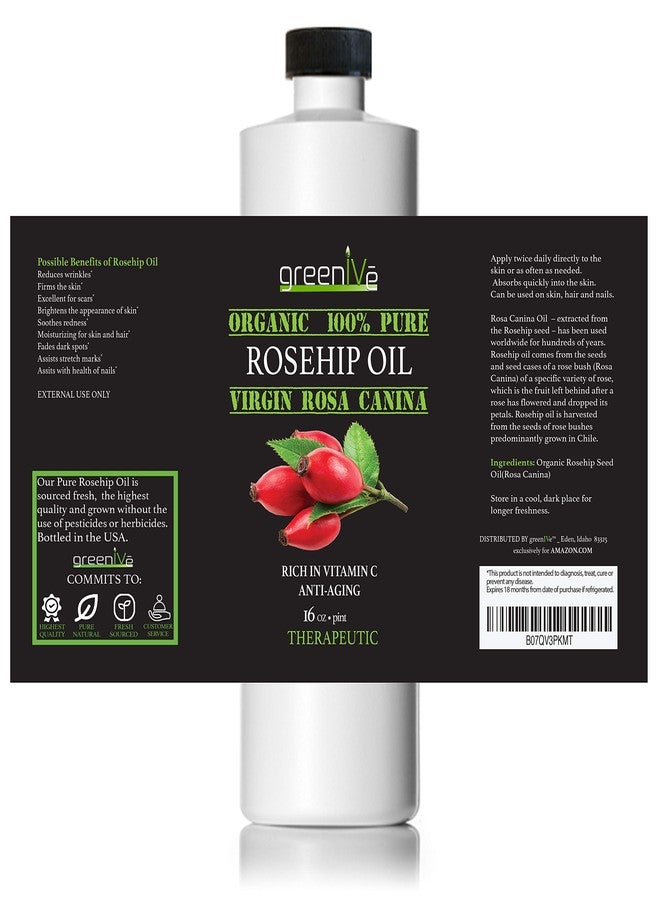 GreenIVe Organically Grown Rosehip Oil Rosa Canina 100% Pure Cold Pressed Virgin Oil Natural (16 Fl Oz) - Image 3
