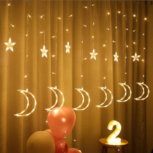 KHIZAR Star Moon LED Curtain String Lights | Eid Mubarak Ramadan Islamic Decor for Home, Window & Wall | Warm White Fairy Lights for Muslim Party, Nikah, Christmas & Festival Decoration (Warm White) - Image 4