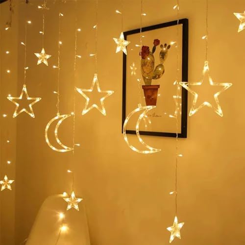 KHIZAR Star Moon LED Curtain String Lights | Eid Mubarak Ramadan Islamic Decor for Home, Window & Wall | Warm White Fairy Lights for Muslim Party, Nikah, Christmas & Festival Decoration (Warm White) - Image 1
