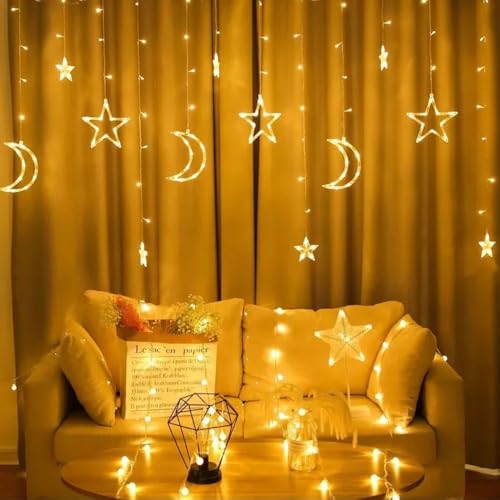 KHIZAR Star Moon LED Curtain String Lights | Eid Mubarak Ramadan Islamic Decor for Home, Window & Wall | Warm White Fairy Lights for Muslim Party, Nikah, Christmas & Festival Decoration (Warm White) - Image 2