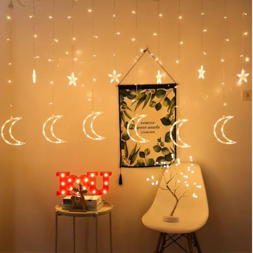 KHIZAR Star Moon LED Curtain String Lights | Eid Mubarak Ramadan Islamic Decor for Home, Window & Wall | Warm White Fairy Lights for Muslim Party, Nikah, Christmas & Festival Decoration (Warm White) - Image 5