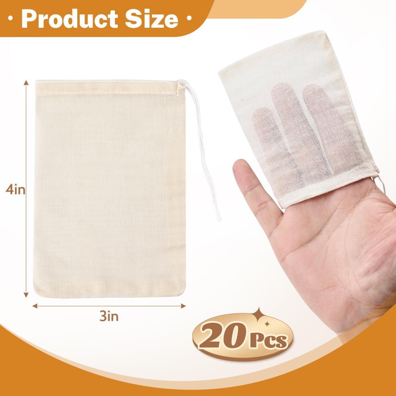 HyozorGo 20 Pcs Muslin Bags with Drawstring, Reusable Tea Bags, Spice Bags for Cooking Soup/Herb/Loose Leaf Tea, Natural Cotton Small Cheese Cloth Bag for Straining, Sachet Bags Empty, 4 X 3 Inches - Image 2