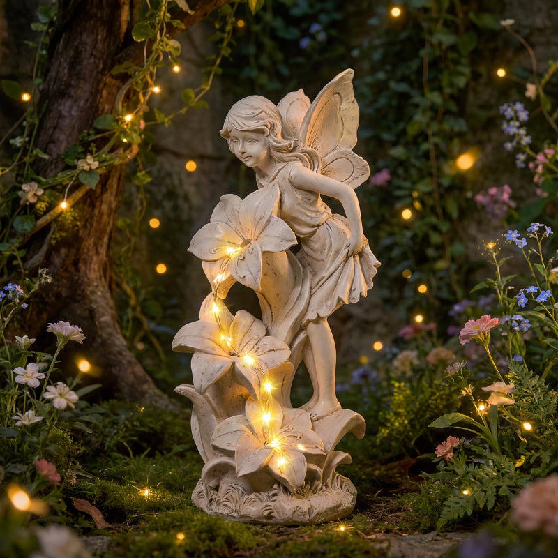 Ovewios Angel Garden Statue Outdoor, Solar Powered Resin Garden Sculptures Fairy Angel Statues Waterproof LED Lights Yard Art Decorations for Outside Patio Lawn Ornament Gardening Gifts - Image 1