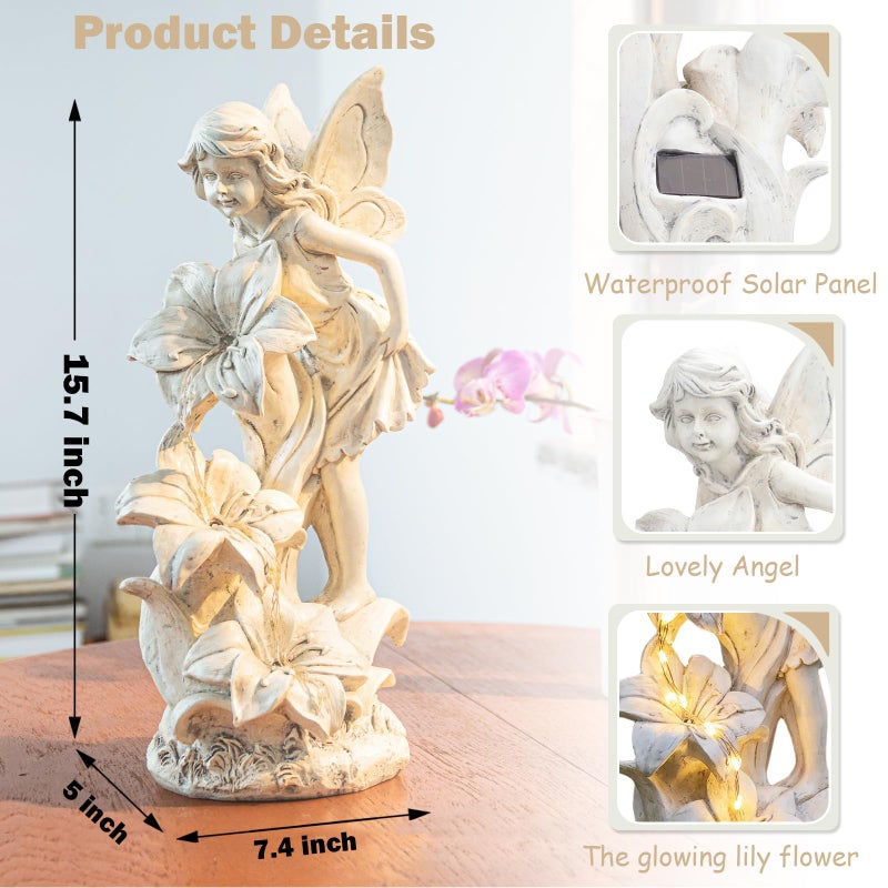 Ovewios Angel Garden Statue Outdoor, Solar Powered Resin Garden Sculptures Fairy Angel Statues Waterproof LED Lights Yard Art Decorations for Outside Patio Lawn Ornament Gardening Gifts - Image 2