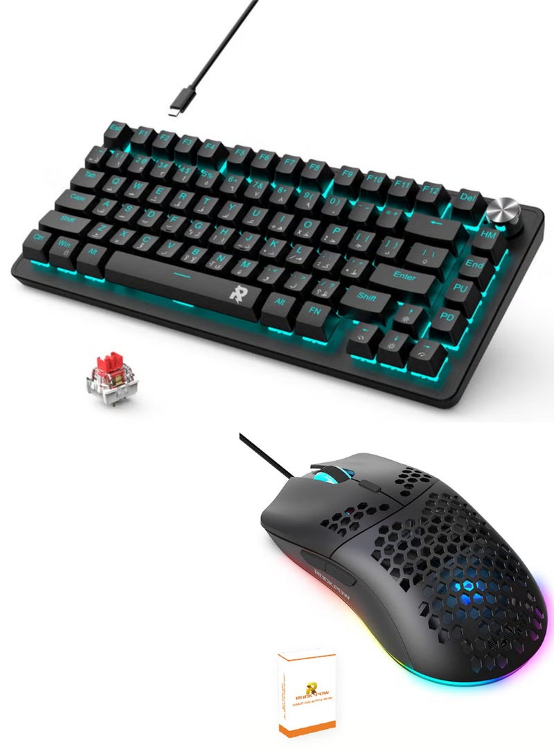 ROCK POW 70% Wired Gaming Keyboard Combo, Arabic English 82 Keys Mechanical Keyboard with Ice Blue Backlit 19 Modes, Volume Lighting Knob, RGB Gaming Mouse Honeycomb Hollow Design Ergonomic Wired Mouse up to 8000 DPI, RGB Gaming Mice Set for Mac, Laptop, Computer, PCBundle - Image 1