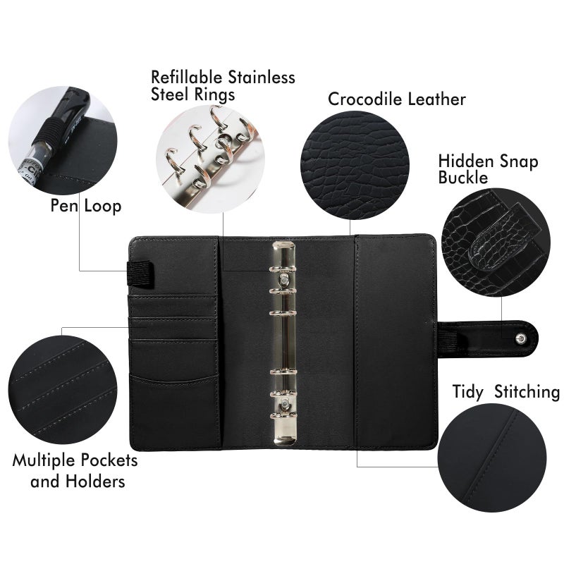 eleger A6 Crocodile Budget Binder Cover - PU Leather Notebook Binder with Hidden Snap Buckle, Small 6 Ring Refillable Journal Binder, Black - Image 2