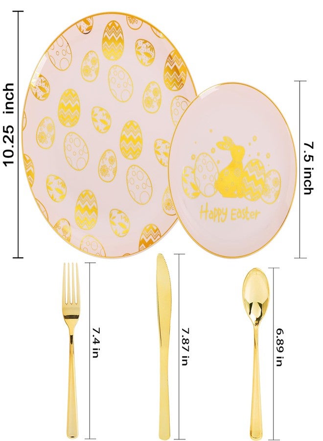 Liacere 150Pcs Easter Plates with Gold Bunny - Pink Plastic Dinnerware Includes 30 Egg and Rabbit 30 Dessert Plates, 30 Forks, 30 Spoons,30 Knives for Easter Party - Image 2