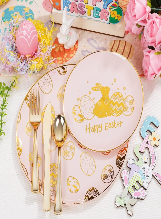 Liacere 150Pcs Easter Plates with Gold Bunny - Pink Plastic Dinnerware Includes 30 Egg and Rabbit 30 Dessert Plates, 30 Forks, 30 Spoons,30 Knives for Easter Party - Image 4