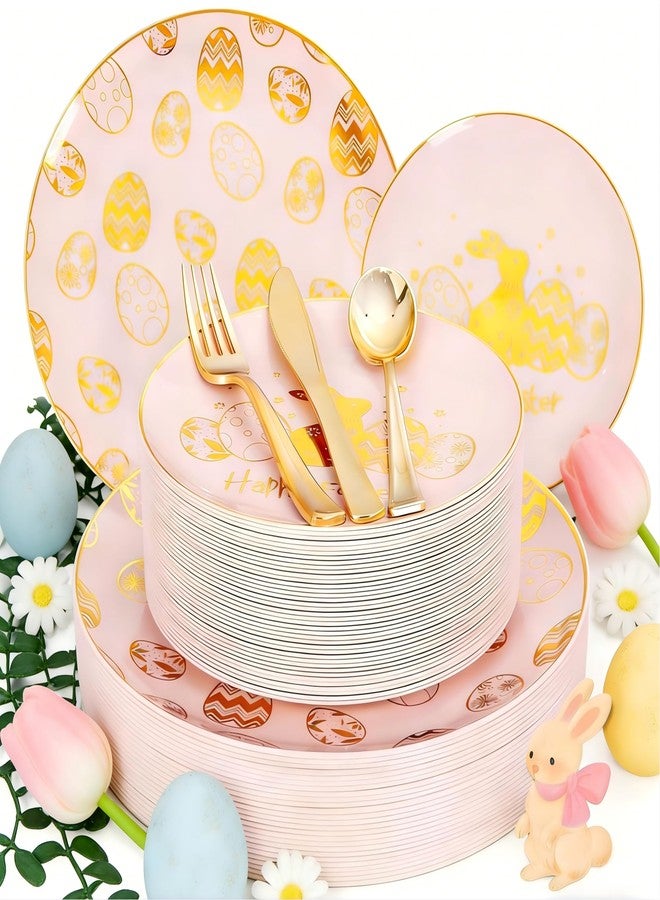 Liacere 150Pcs Easter Plates with Gold Bunny - Pink Plastic Dinnerware Includes 30 Egg and Rabbit 30 Dessert Plates, 30 Forks, 30 Spoons,30 Knives for Easter Party - Image 1