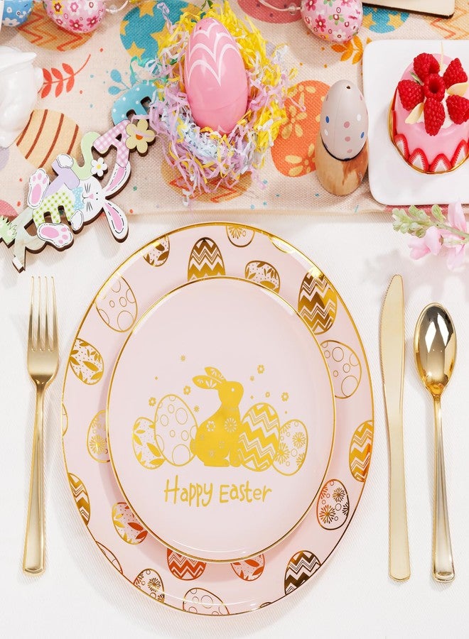 Liacere 150Pcs Easter Plates with Gold Bunny - Pink Plastic Dinnerware Includes 30 Egg and Rabbit 30 Dessert Plates, 30 Forks, 30 Spoons,30 Knives for Easter Party - Image 5