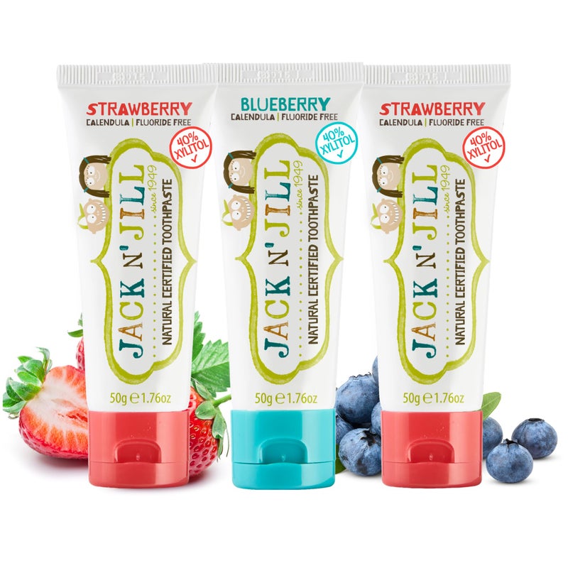 Jack N' Jill Natural Toothpaste for Baby and Infants - Fluoride Free Training Toothpaste, 40% Xylitol, BPA Free - Strawberry & Blueberry, 1.76 oz (Pack of 3) - Image 1