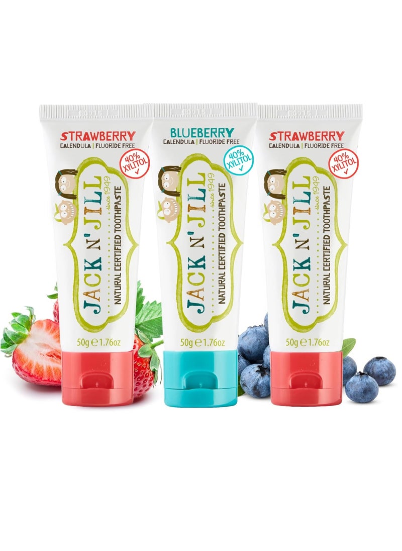 Jack N' Jill - Jack N' Jill Natural Toddler Toothpaste for Baby, Kids and Infants 6 Months & Up, Fluoride Free Training Toothpaste for Toddlers 1-3, 40% Xylitol, BPA Free - Strawberry & Blueberry, 1.76 oz (3 Pack) - Image 1