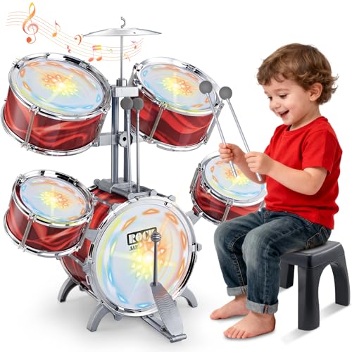 deAO Kids Drum Set for Toddlers Upgraded Jazz Drum Set with 5 High Drums Lights VibratingControlled Musical Instruments Toys for Toddlers 35 Birthday Red - Image 1