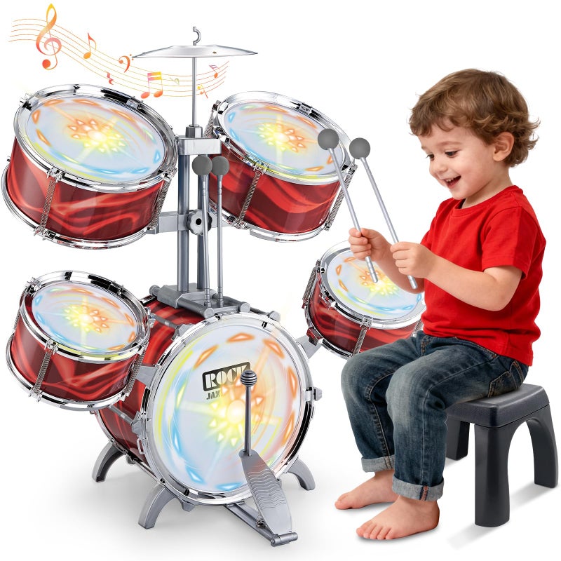 deAO Kids Drum Set for Toddlers Upgraded Jazz Drum Set with 5 High Drums Lights VibratingControlled Musical Instruments Toys for Toddlers 35 Birthday Red - Image 3