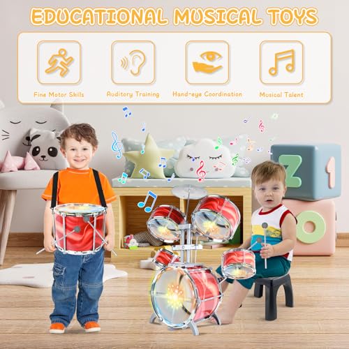 deAO Kids Drum Set for Toddlers Upgraded Jazz Drum Set with 5 High Drums Lights VibratingControlled Musical Instruments Toys for Toddlers 35 Birthday Red - Image 5
