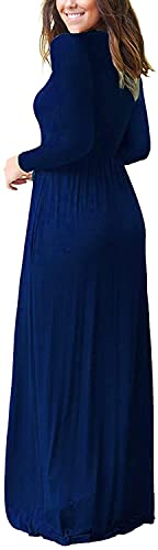 AUSELILY Women's Long Sleeve Dress Loose Plain Long Casual Maxi Dresses with Pockets 2025 New Navy Blue L - Image 2
