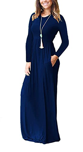 AUSELILY Women's Long Sleeve Dress Loose Plain Long Casual Maxi Dresses with Pockets 2025 New Navy Blue L - Image 3