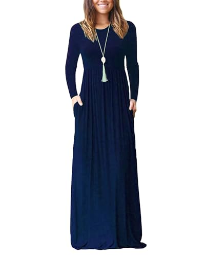 AUSELILY Women's Long Sleeve Dress Loose Plain Long Casual Maxi Dresses with Pockets 2025 New Navy Blue L - Image 5