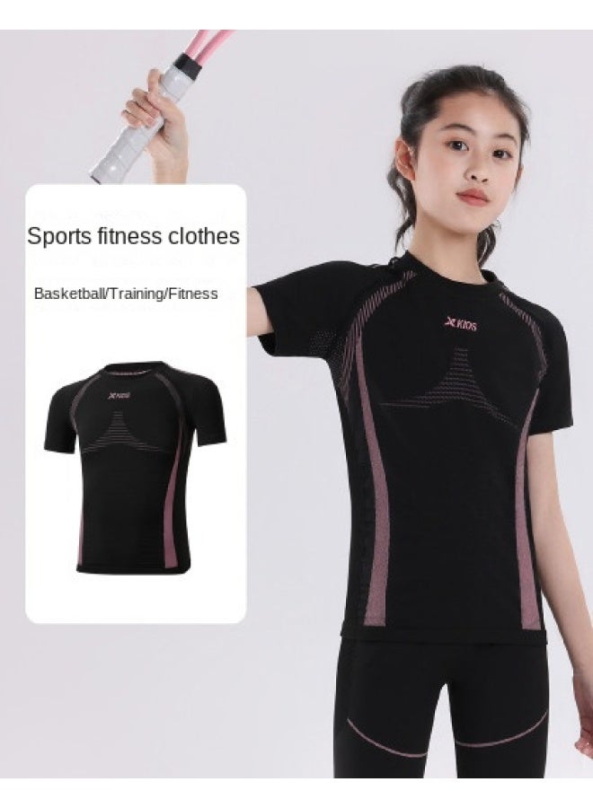 XTEP Children's Athletic Compression Wear】high-elasticity Slim-fit Girls' Running Training Comfortable Sportswear Short-sleeve T-shirt - Image 1