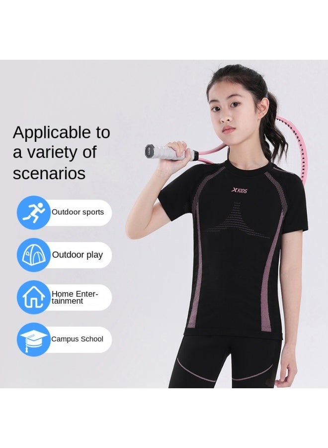 XTEP Children's Athletic Compression Wear】high-elasticity Slim-fit Girls' Running Training Comfortable Sportswear Short-sleeve T-shirt - Image 3
