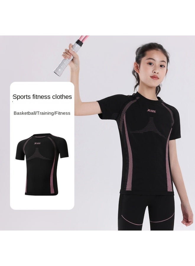 XTEP Children's Athletic Compression Wear】high-elasticity Slim-fit Girls' Running Training Comfortable Sportswear Short-sleeve T-shirt - Image 2