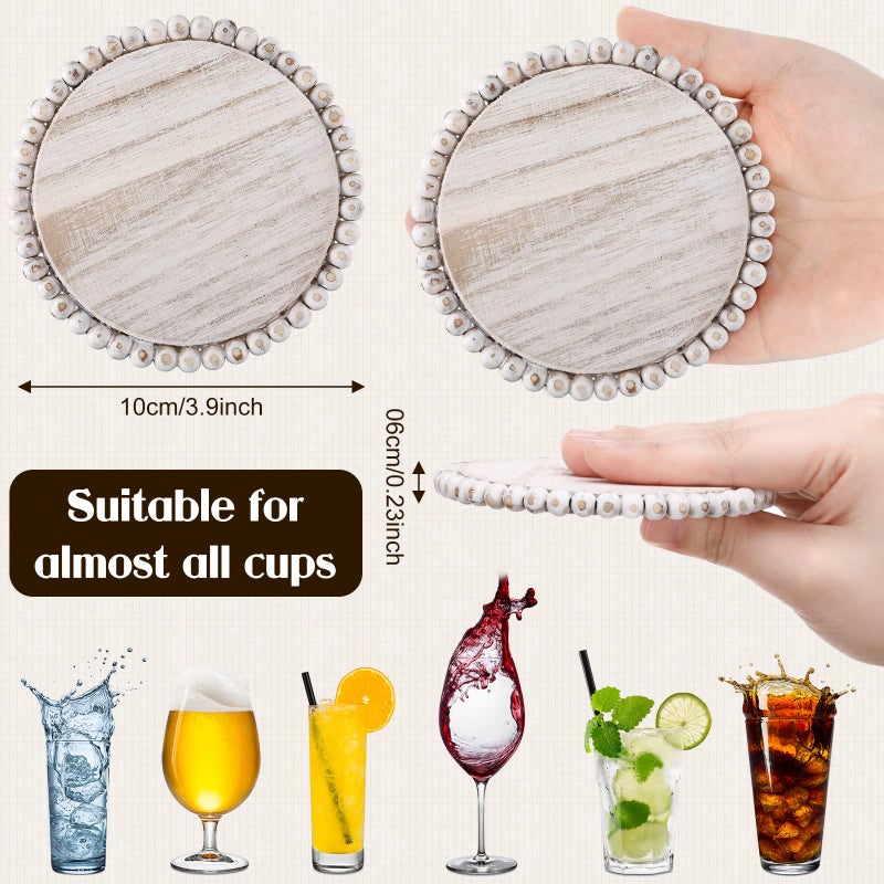 Honeydak Honeydak 6 Pcs Beaded Wood Coasters Sets 3.94 Inches Round Beaded Farmhouse Coasters Home Wood for Drinks Bar Table Top Home Kitchen Table Housewarming(White)  - Image 2