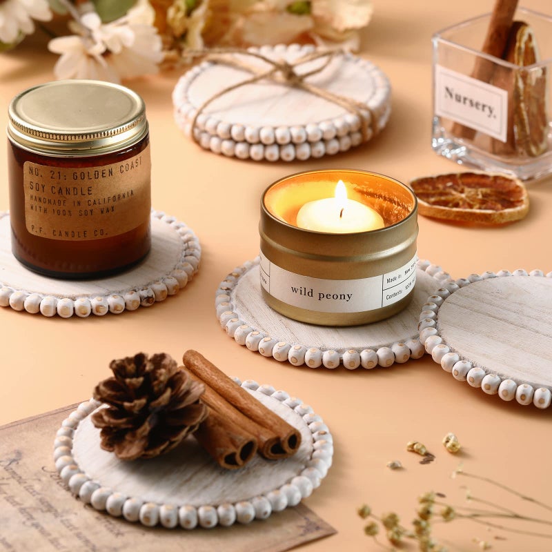 Honeydak Honeydak 6 Pcs Beaded Wood Coasters Sets 3.94 Inches Round Beaded Farmhouse Coasters Home Wood for Drinks Bar Table Top Home Kitchen Table Housewarming(White)  - Image 3