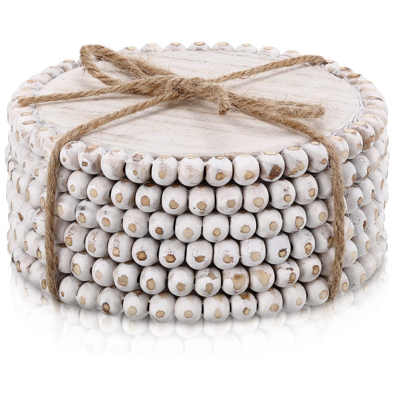 Honeydak Honeydak 6 Pcs Beaded Wood Coasters Sets 3.94 Inches Round Beaded Farmhouse Coasters Home Wood for Drinks Bar Table Top Home Kitchen Table Housewarming(White)  - Image 1