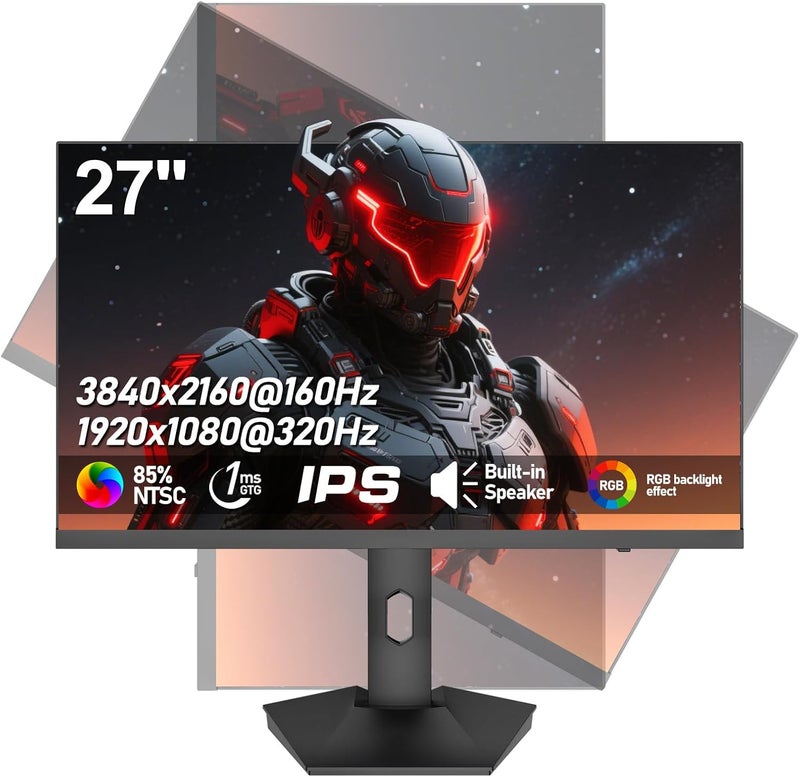 Gawfolk شاشة ألعاب Gawfolk مقاس 27 بوصة بتقنية IPS، وضع مزدوج: دقة 4K بتردد 160 هرتز و FHD بتردد 320 هرتز، شاشة عرض، سرعة استجابة سريعة 1 مللي ثانية (GTG)، تقنية FreeSync، تغطية sRGB 120%، إضاءة خلفية RGB، مكبرات صوت مدمجة، إمالة/ارتفاع/دوران قابل للتعديل - Image 1