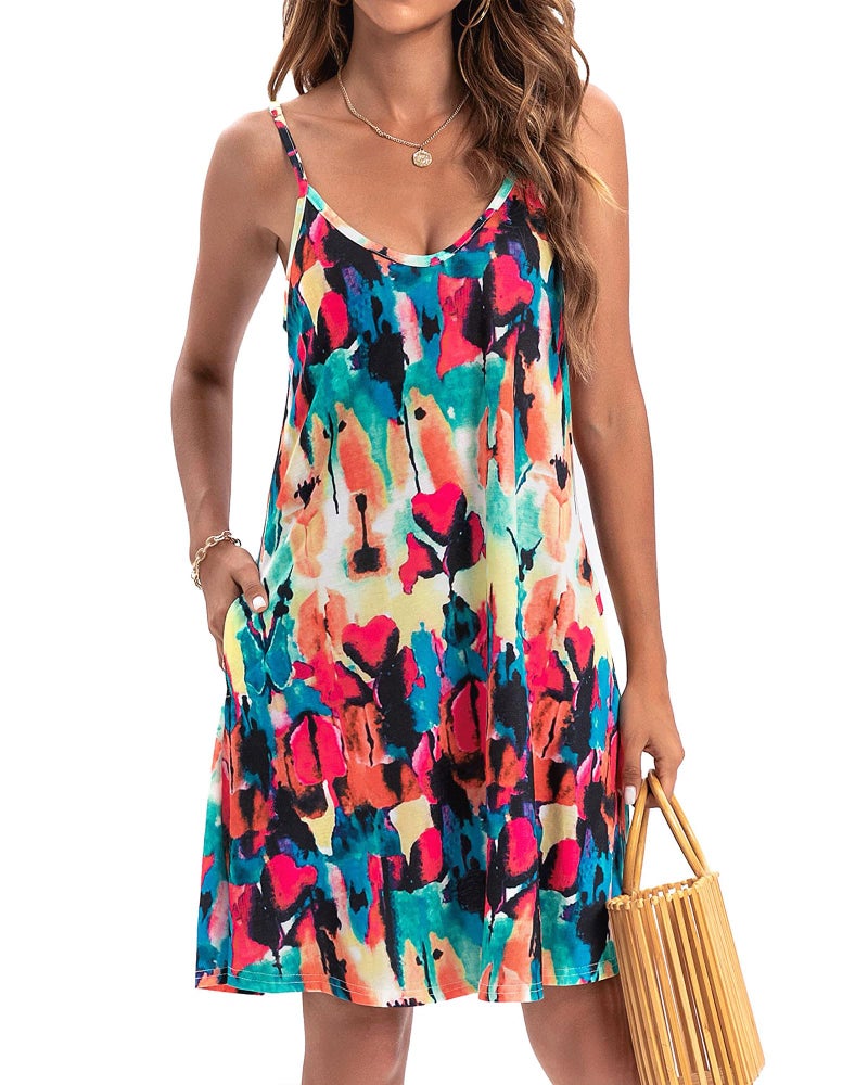 JOELLYUS Womens Summer Dresses Spaghetti Strap Sundress Casual Beach Cover Ups Swing Dress with Pockets (COLRD,XL) - Image 3
