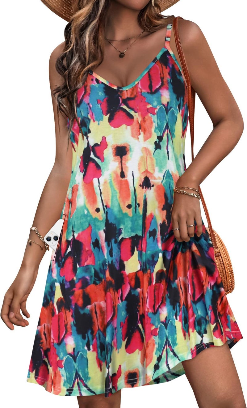 JOELLYUS Womens Summer Dresses Spaghetti Strap Sundress Casual Beach Cover Ups Swing Dress with Pockets (COLRD,XL) - Image 1