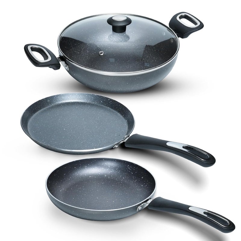 Impex Impex Migo Non Stick Cookware Set Granite 4 Pcs Induction Bottom Cookware Set 3 mm Thick, 5-Layer Super Granite Nonstick Coated Cookware Set,Two Sides Spatter Design, 1 Year Warranty - Image 1