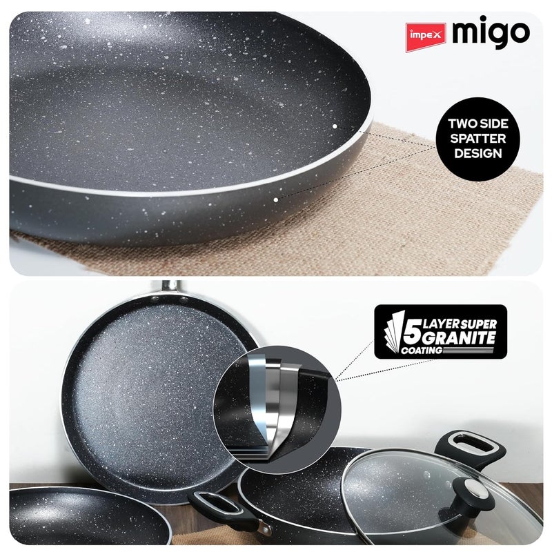 Impex Impex Migo Non Stick Cookware Set Granite 4 Pcs Induction Bottom Cookware Set 3 mm Thick, 5-Layer Super Granite Nonstick Coated Cookware Set,Two Sides Spatter Design, 1 Year Warranty - Image 4