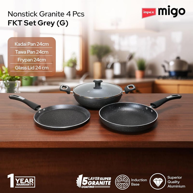 Impex Impex Migo Non Stick Cookware Set Granite 4 Pcs Induction Bottom Cookware Set 3 mm Thick, 5-Layer Super Granite Nonstick Coated Cookware Set,Two Sides Spatter Design, 1 Year Warranty - Image 2
