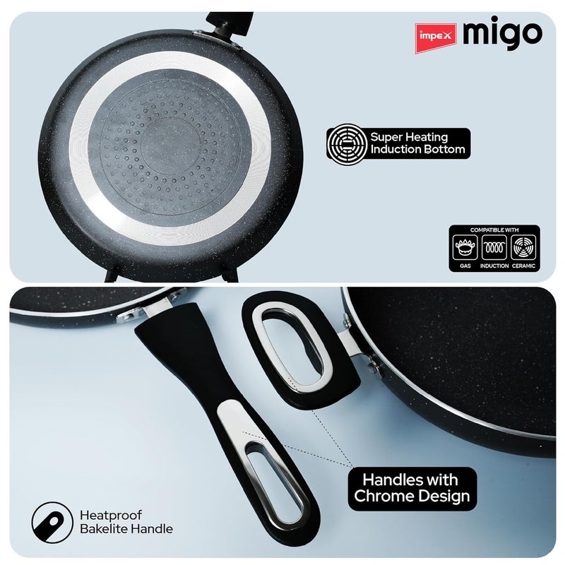 Impex Impex Migo Non Stick Cookware Set Granite 4 Pcs Induction Bottom Cookware Set 3 mm Thick, 5-Layer Super Granite Nonstick Coated Cookware Set,Two Sides Spatter Design, 1 Year Warranty - Image 5