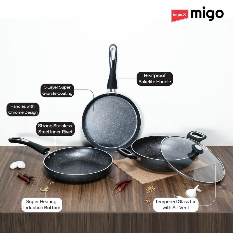 Impex Impex Migo Non Stick Cookware Set Granite 4 Pcs Induction Bottom Cookware Set 3 mm Thick, 5-Layer Super Granite Nonstick Coated Cookware Set,Two Sides Spatter Design, 1 Year Warranty - Image 3