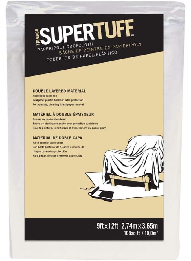 Trimaco SuperTuff Paper/Poly Drop Cloth, 9-feet x 12-feet - Image 1