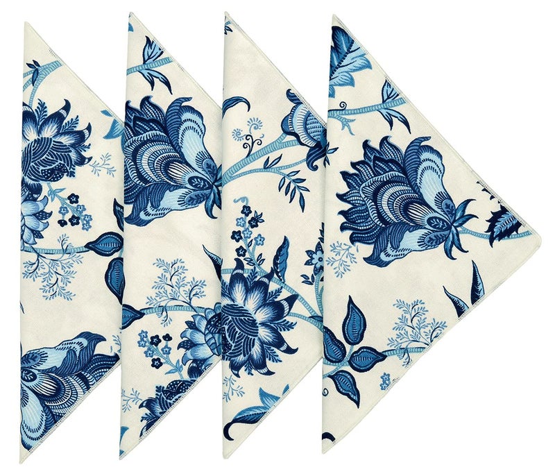 Cloth Napkins 100 Cotton Linen Napkins 18 x 18 Dinner Thanksgiving Table Decor Christmas Party Ideas Blue and White Floral Use with Tablecloth for Table Settings Tablescapes Set 4