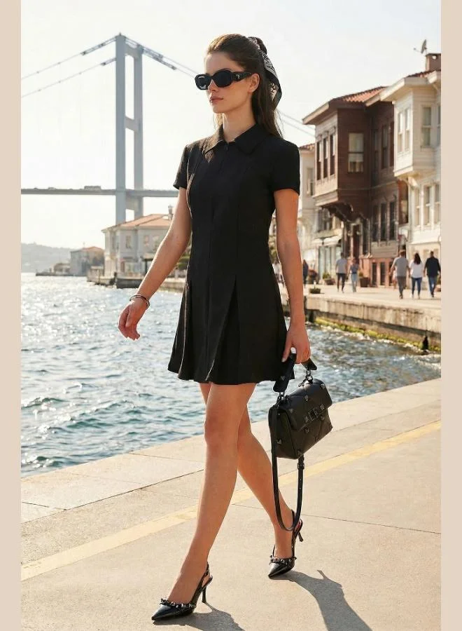 ليلا فستان نسائي قصير الأكمام بياقة بولو بسحاب من جلد السويد مطوي بقصة عادية من ليلا